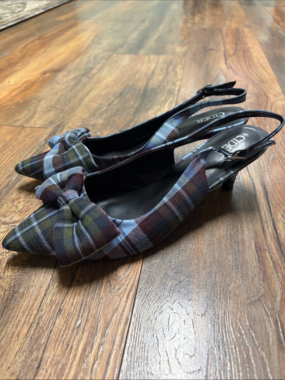 Cider Blue and Brown Plaid Bow Slingback low heels - Picture 3 of 5